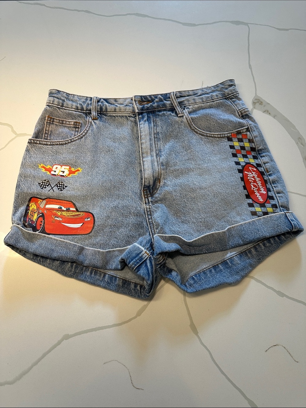 High waisted jean shorts Disney Pixar cars lightning McQueen size 11